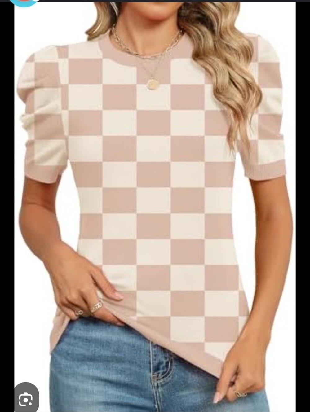 Checkerboard Puff Sleeve Sweater - Blush & Cream